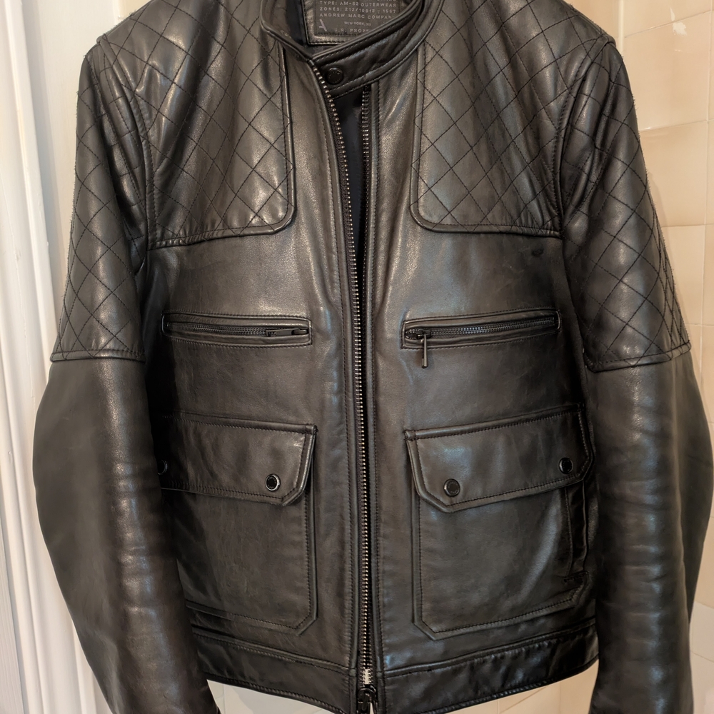 Andrew Marc Black Quilted Leather Bomber Jacket